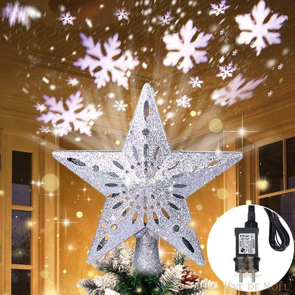 Cimier de sapin de Noël : Projecteur d'étoiles et flocons Argent
